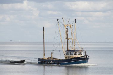 Sakin peacfull Ijsslemeer Aflsluitdijk boyunca Hollanda, Friesland, Afsluitdijk, 2018:Fishing tekne ağlar, Boşalma Temmuz yerleştirilir