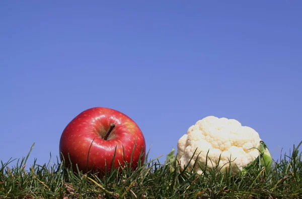 Apfel Und Mini Blumenkohl Gras Vor Strahlend Blauem Himmel — Stockfoto
