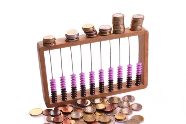 Abacus Piles Euro Voins White Background — Stock Photo, Image