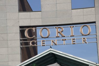 Hollanda, Heerlen, februari 2019: mağaza, dış logo Corio Merkezi