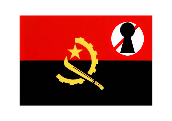 Bandera Angola Con Advertencia Bloqueo —  Fotos de Stock
