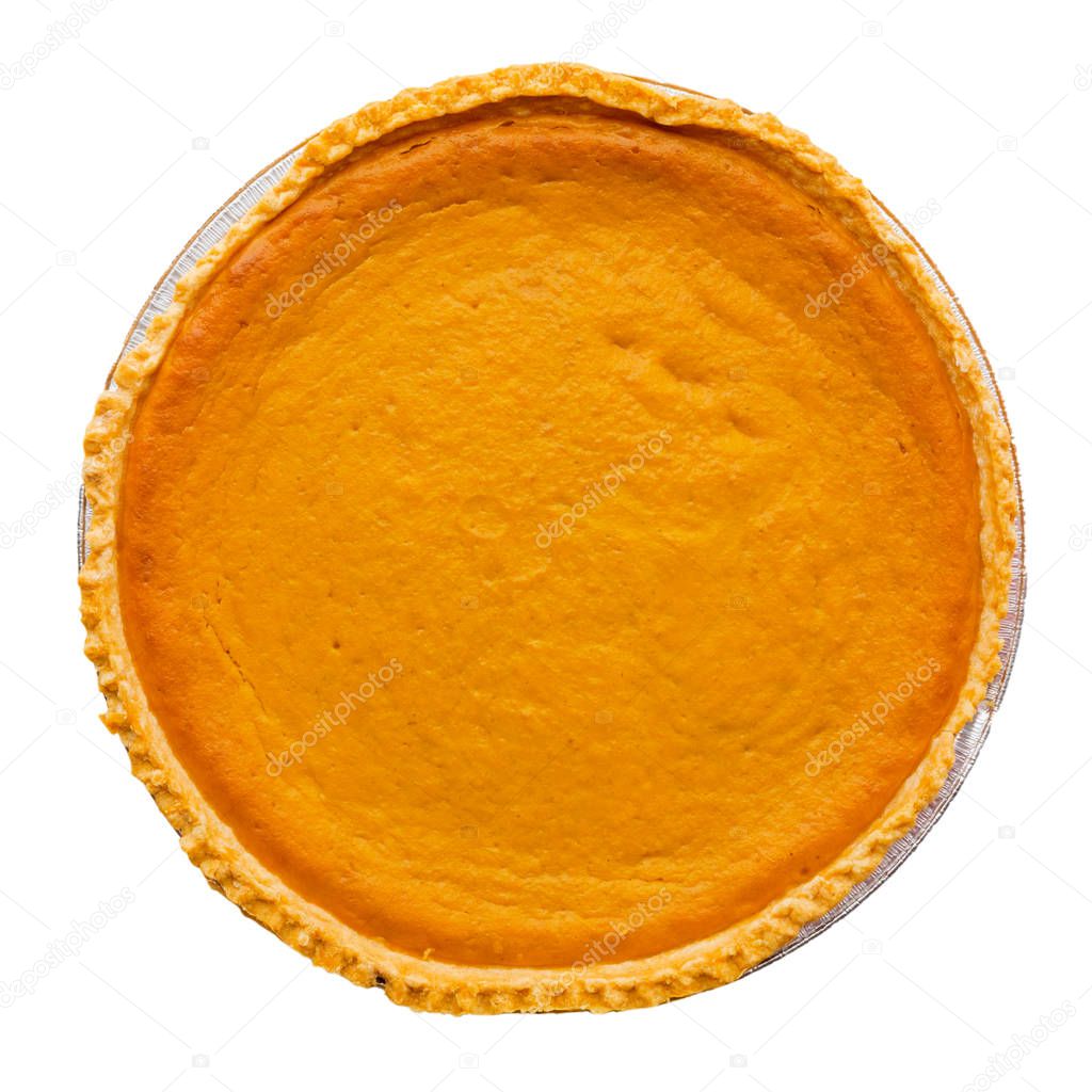 Fresh baked pumpkin pie isolated on white background 