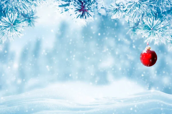 Χριστουγεννιάτικο Φόντο Κόκκινο Στολίδι Και Χιόνι Που Υπάγονται Κλαδιά Δέντρων — Φωτογραφία Αρχείου