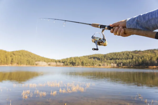 Fishing Rod Angler Hand Small Calm Lake — Stock Photo, Image