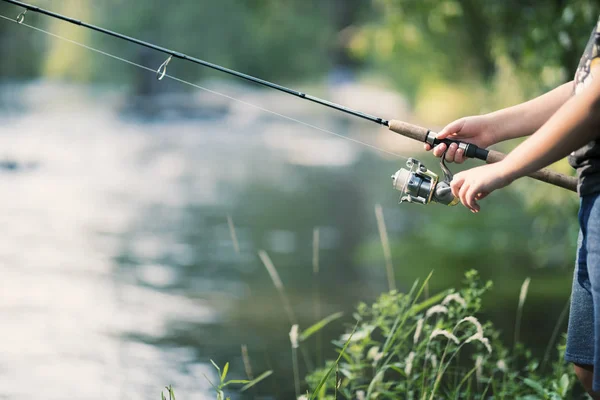 Fishing Rod Reel Hands River — Stock Photo, Image