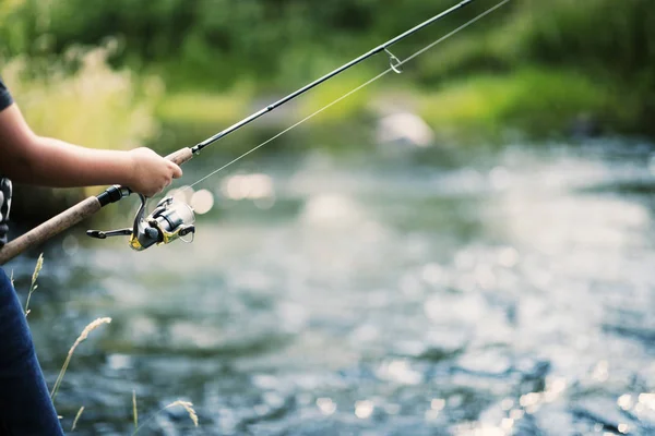 Fishing Rod Reel Hands River — Stock Photo, Image