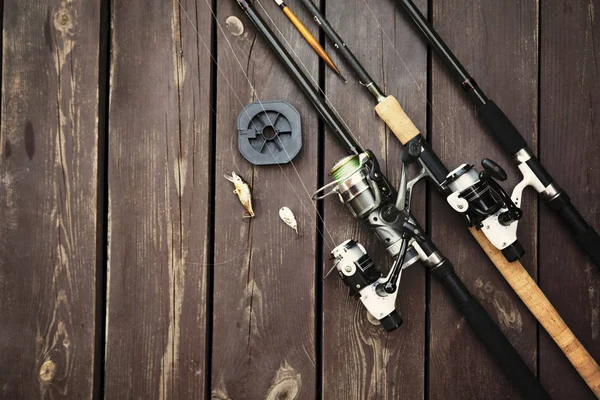Fishing Rods Accessories Wooden Background — Stock Photo, Image