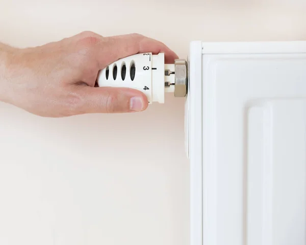 Hand Adjusting Thermostat Valve Heating Radiator Room — Stock Photo, Image