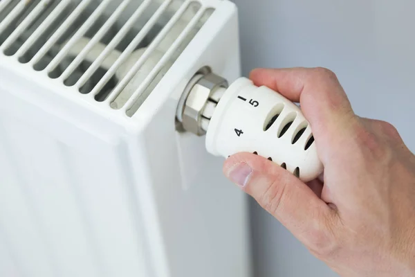 Hand Adjusting Thermostat Valve Heating Radiator Room — Stock Photo, Image