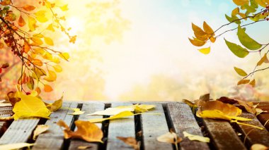 Ahşap arka planda sonbahar yaprakları