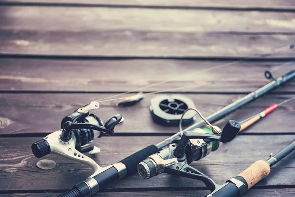 Fishing Rods Reels Wooden Deck Fishing Copy Space — Stock Photo, Image