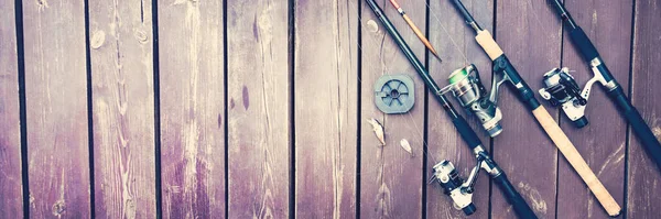 Fishing Rods Reels Wooden Deck Fishing Copy Space — Stock Photo, Image