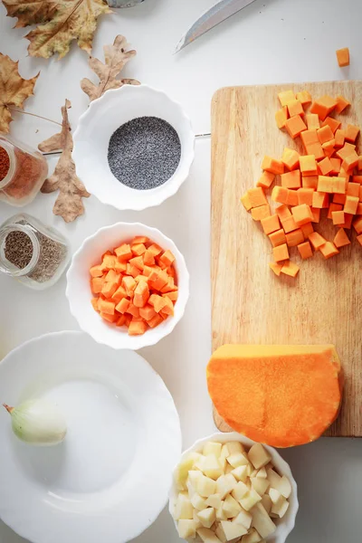 Ingredients and spices for pumpkin soup preparing — Stock Photo, Image