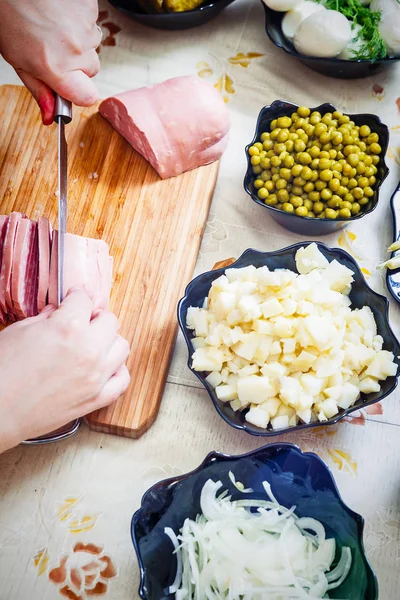 Preparing russian salad Olivier — Stock Photo, Image