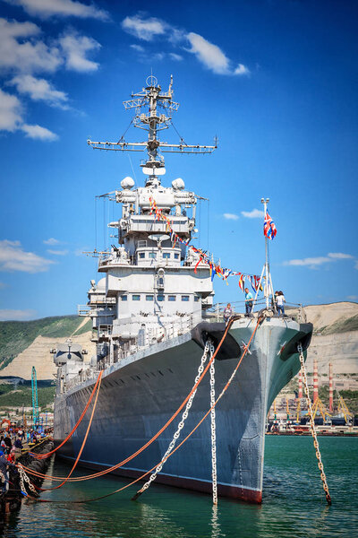 Novorossiysk, Russia, MAY 02, 2016: Soviet warship Mikhail Kutuzov in the port of Novorossiysk
