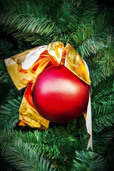 Red christmas ball and branch of spruce tree — Stock Photo, Image