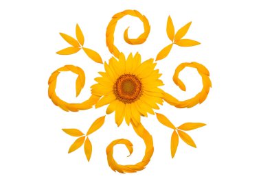 Yaratıcı bir fikir çiçek ayçiçeği ve rüzgarda uçan yaprakları. Soyutlama ve dalga. Çiçek desenli. Tarım konular. Metin için yer. Düz yatıyordu, en iyi görünümü