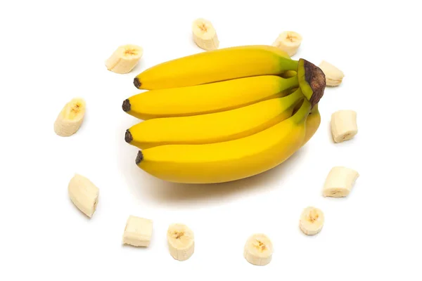 Collectie Bananen Segmenten Geïsoleerd Een Witte Achtergrond Plat Lag Top — Stockfoto