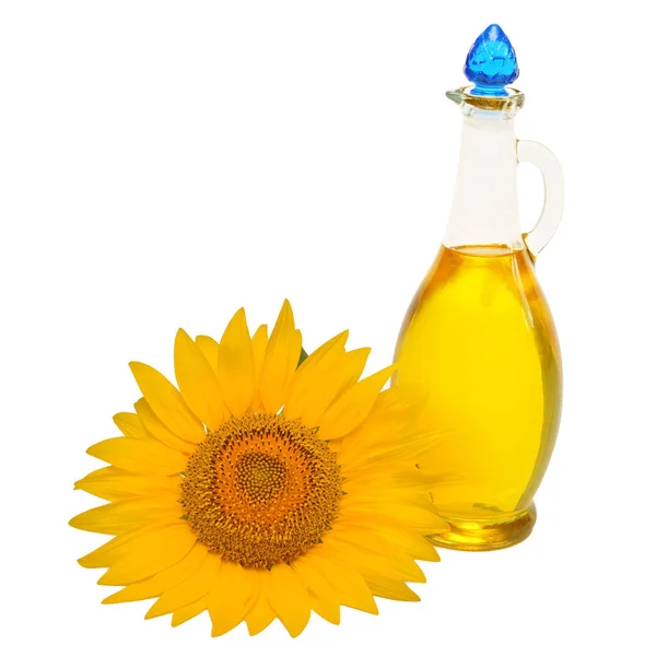 Creative Idea Flower Sunflower Oil Glass Bottle Isolated White Background — Stock Photo, Image