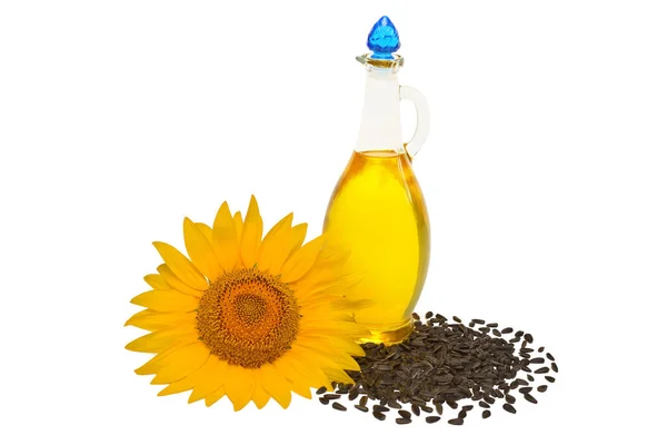 Creative Idea Flower Sunflower Seeds Oil Glass Bottle Isolated White — Stock Photo, Image