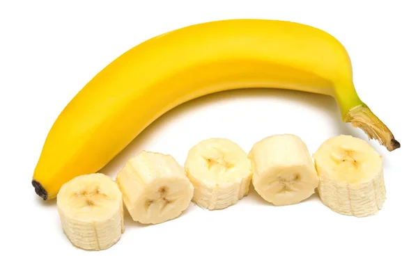 Een Banaan Segmenten Geïsoleerd Een Witte Achtergrond Creatieve Fruit Concept — Stockfoto