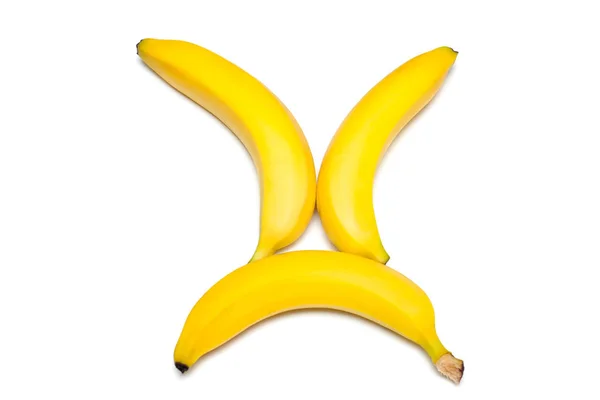 Банани Три Жовті Плоди Ізольовані Білому Тлі Плоский Прошарок Вид — стокове фото