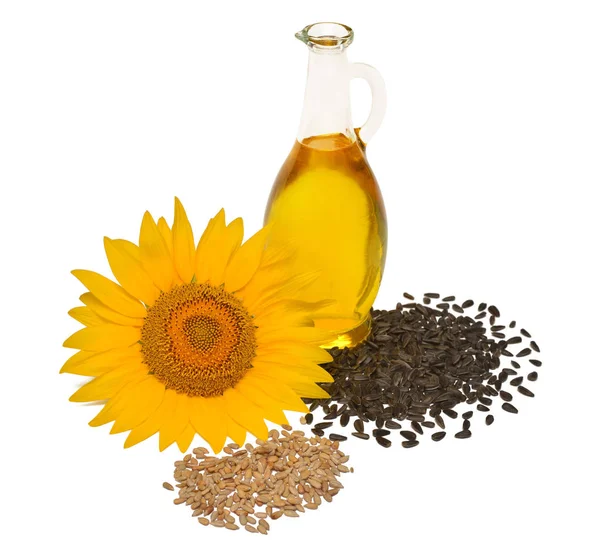 Creative Idea Flower Sunflower Seeds Oil Glass Bottle Isolated White — Stock Photo, Image