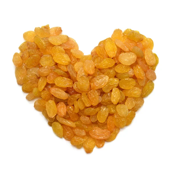 Raisins Yellow Golden Form Heart Isolated White Background Flat Lay — Stock Photo, Image