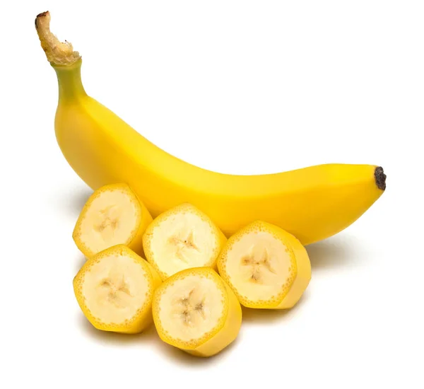 Banan Och Skivor Isolerad Vit Bakgrund Kreativa Frukt Koncept Platt — Stockfoto