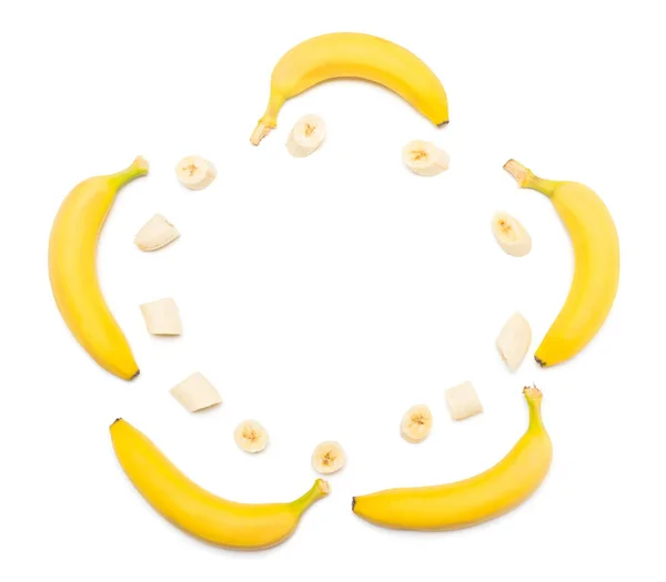 Coleção Bananas Fatias Isoladas Fundo Branco Deitado Plano Vista Superior — Fotografia de Stock