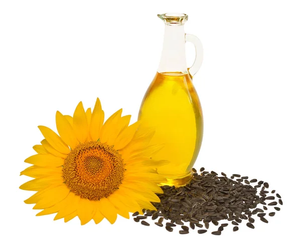 Creative Idea Flower Sunflower Seeds Oil Glass Bottle Isolated White — Stock Photo, Image