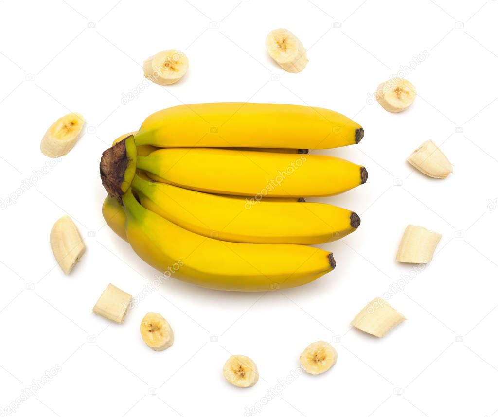 Collection bananas and slices isolated on a white background. Flat lay, top view