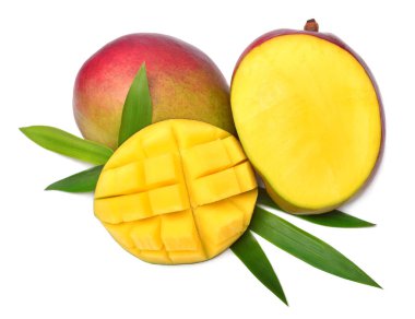 Toplama mangosu, küpler ve yapraklar beyaz arka planda izole edilmiş