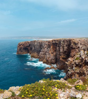 Yaz Atlantik kayalık sahil görünümü, Aljezur, Algarve Batı, çiçek açması Costa Vicentina, Portekiz. Üç atış dikiş görüntü.