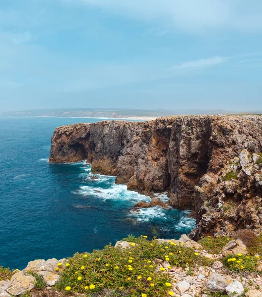 Yaz Atlantik kayalık sahil görünümü, Aljezur, Algarve Batı, çiçek açması Costa Vicentina, Portekiz. Üç atış dikiş görüntü.