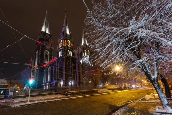 Beautiful Oświetlona Noc Zima Kościół Elizabeth Lwów Ukraina Zbudowany Latach — Zdjęcie stockowe