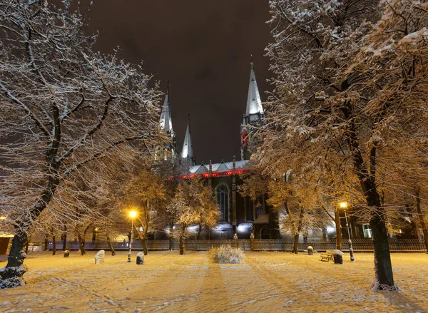 Schön Beleuchtete Nacht Winterkirche Von Sts Olha Und Elizabeth Lviv — Stockfoto