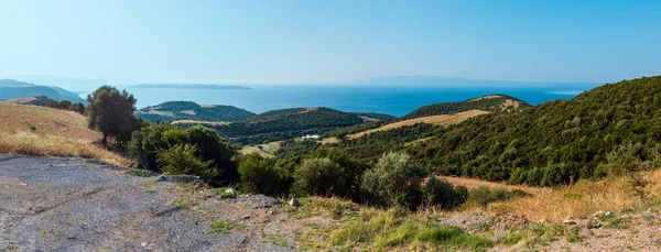 Beautiful Summer Panorama Seascape View Athos Peninsula Sithonia Mist Background — Stock Photo, Image