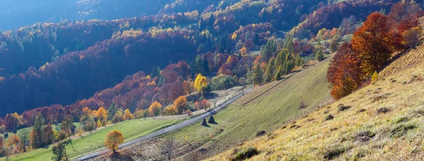 Schmutzige Nebenstraße Zum Pass Herbst Karpaten Und Bunte Gelb Orange — Stockfoto