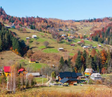Sonbahar Karpat Köyü manzara (Ivano-Frankivsk oblast, Ukraine). Kırsal sahne.