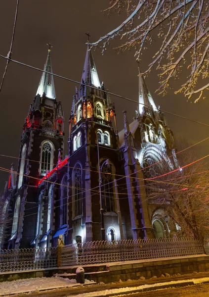 Wunderschöne Beleuchtete Nächtliche Winterkirche Der Heiligen Olha Und Elisabeth Lwiw — Stockfoto