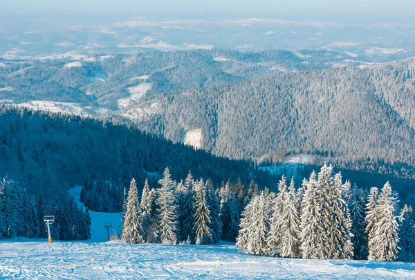 Morgon Vintern Lugna Berglandskap Med Vacker Glasyr Träd Bergen Skuggor — Stockfoto