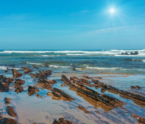 Skalní Útvary Ozářená Písečná Pláž Algarve Costa Vicentina Portugalsko — Stock fotografie