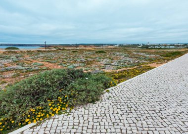 Rüzgârlı noktası ve Atlantik Okyanusu üzerinde geçit sahil görünümü (Sagres, Algarve, Portekiz).