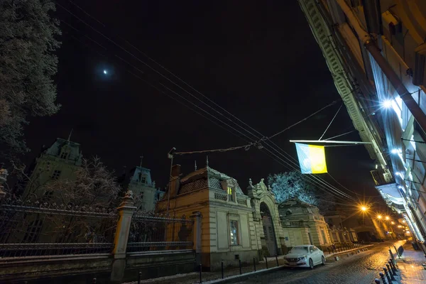 乌克兰 利沃夫 2017年12月10日 美丽的夜冬 Potocki 建于十九世纪八十年代 城市中心 哥白尼街的景观 — 图库照片