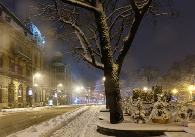 Lviv, Ukrayna - 04 Şubat 2018: Güzel gece kış cityscape Lviv merkezi City. Bazı objektif parlama flrom lambaları ve kar taneleri kullanılabilir.