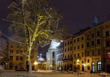 Lviv, Ukrayna - 04 Şubat 2018: Güzel gece kış Merkez Rynok Meydanı cityscape Noel süslemeleri ile.