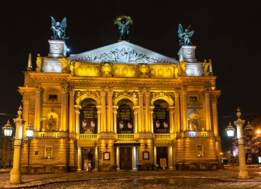 Lviv, Ukrayna - 10 Aralık 2017: Solomiya Krushelnytska Lviv Devlet Akademik Tiyatrosu, Opera ve bale. Güzel bir gece kış cityscape şehir merkezinde.
