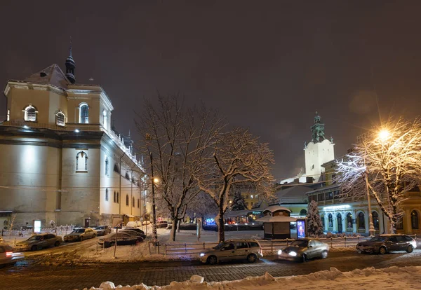 Lviv Ucrânia Fevereiro 2018 Bela Paisagem Urbana Noturna Inverno Centro — Fotografia de Stock