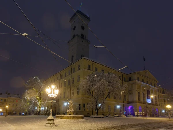 Lwów Ukraina Lutego 2018 Piękna Noc Zima Ratusz Miejski Dostępne — Zdjęcie stockowe